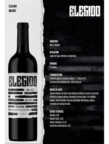 Vino Tinto Norton Elegido Malbec 750ml - Image 2