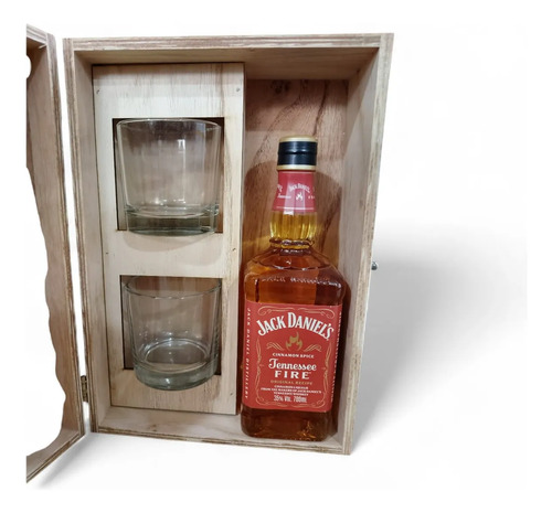 Jack Daniels Fire 700ml + 2 Vasos Estuche Madera Gift Box - Image 2